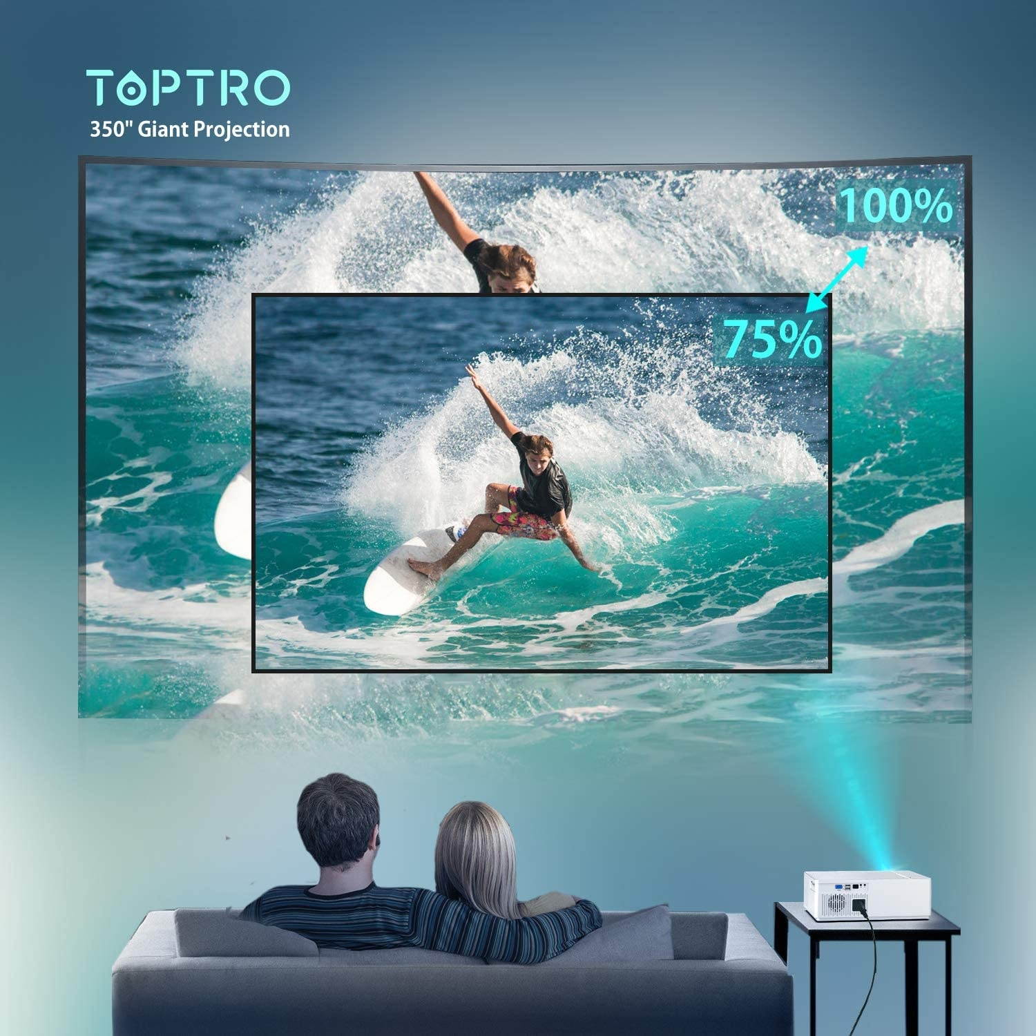 TOPTRO TR81 Bluetooth Video Projector 8500L, Native 1080P and 350&rdquo; Display, Support 4K, Zoom & &plusmn;50&deg;4D Keystone Correction, Home Theater Projector Compatible with Phone/TV Stick/PC/USB/PS4/DVD