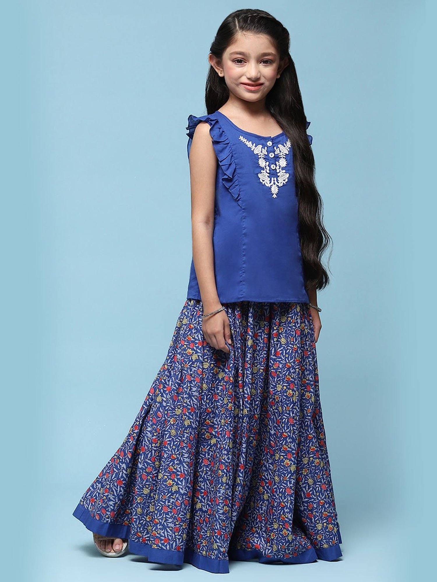 Biba Girls Blue Cotton Embroidered Casual Top and Tees