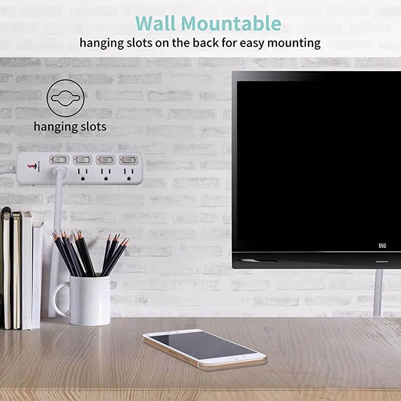 Protector Power Strip 6 ft Long Extension Cord 4 Independent switches 125V15A Hanging Hole SGS CertificationWhite