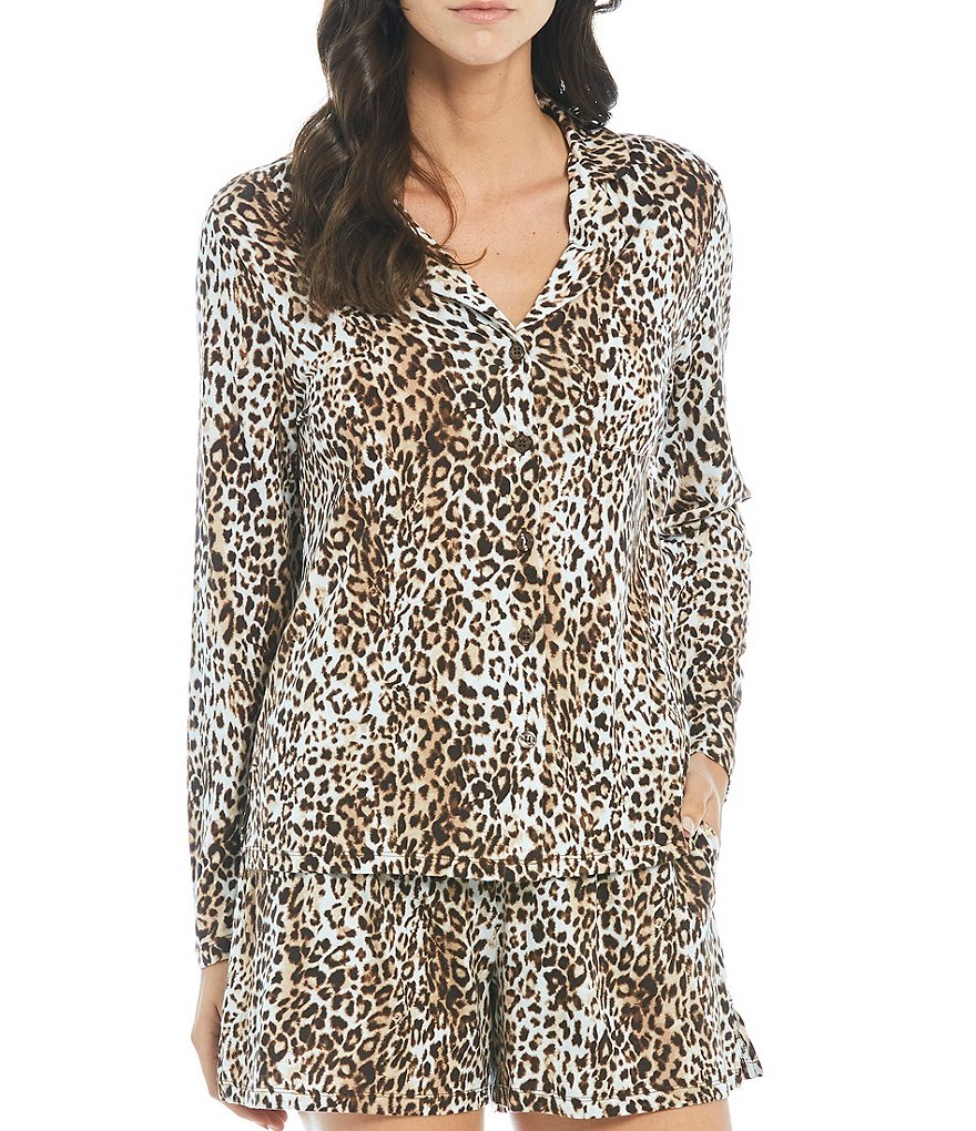 VAN WINKLE & CO. Animal Print Knit Button Front Coordinating Sleep Top