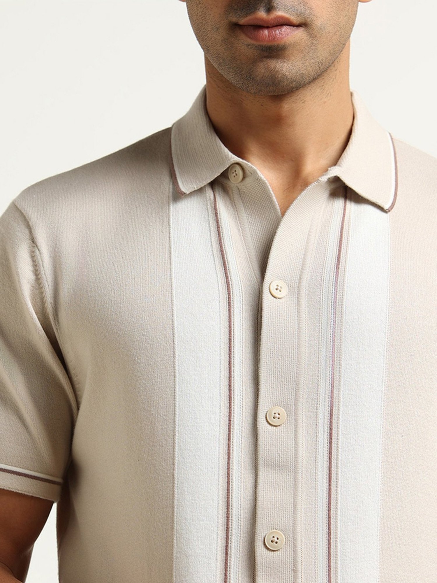 Ascot by Westside Beige Striped Knit Relaxed Fit Shirt