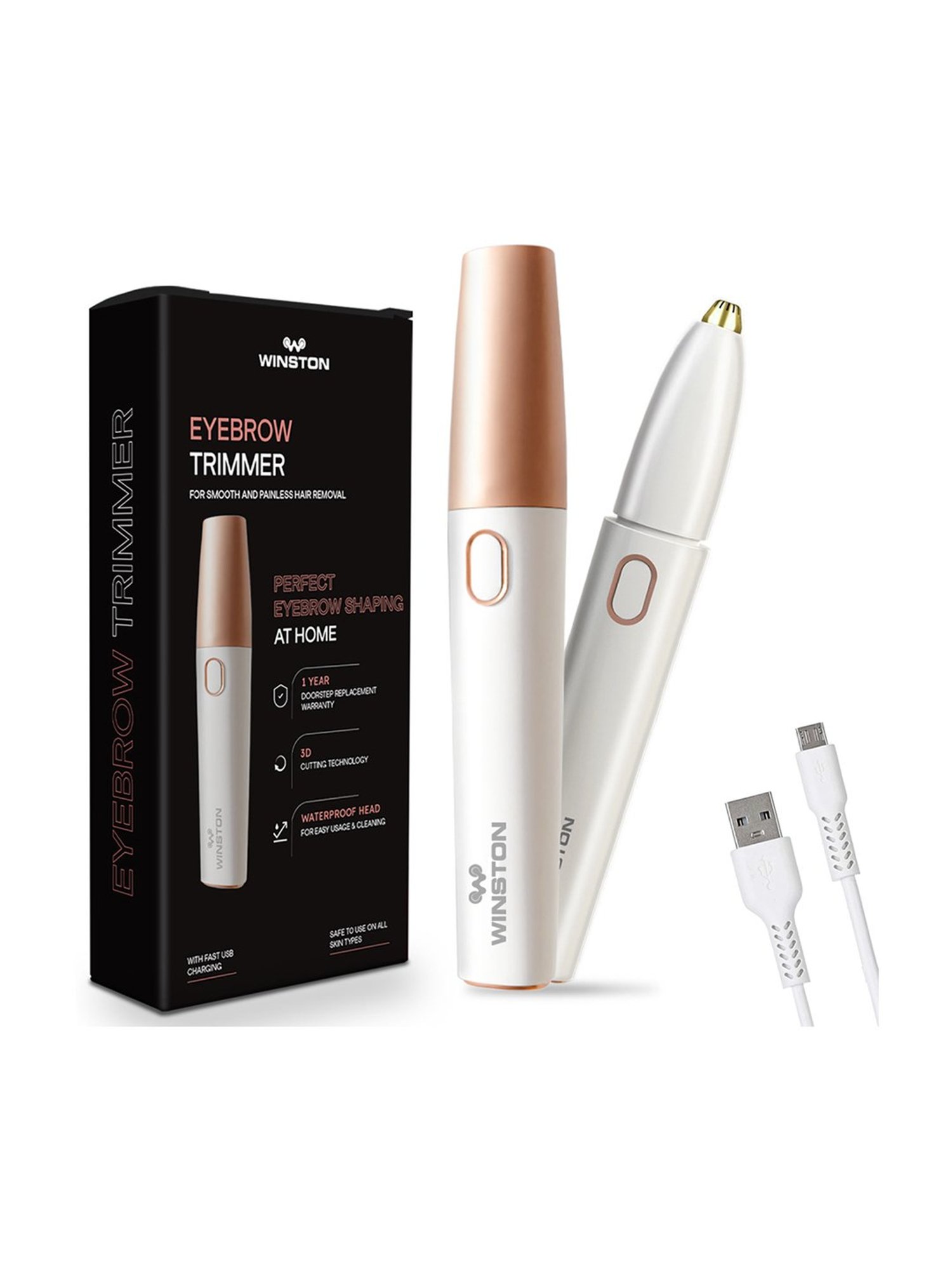WINSTON Rechargeable Eyebrow Trimmer for Painless Hair Removal (White)