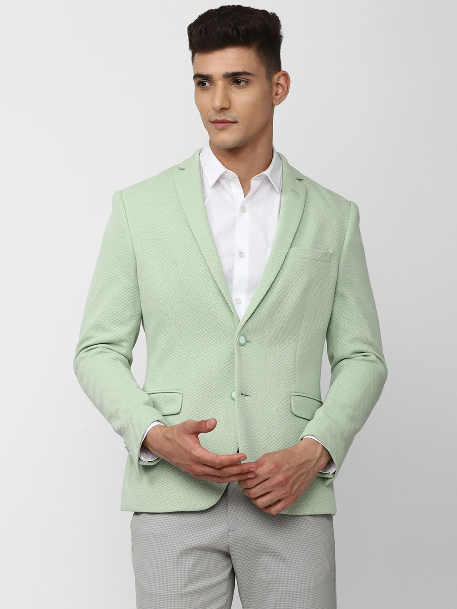 Peter England Mint Green Slim Fit Textured Notch Lapel Blazer