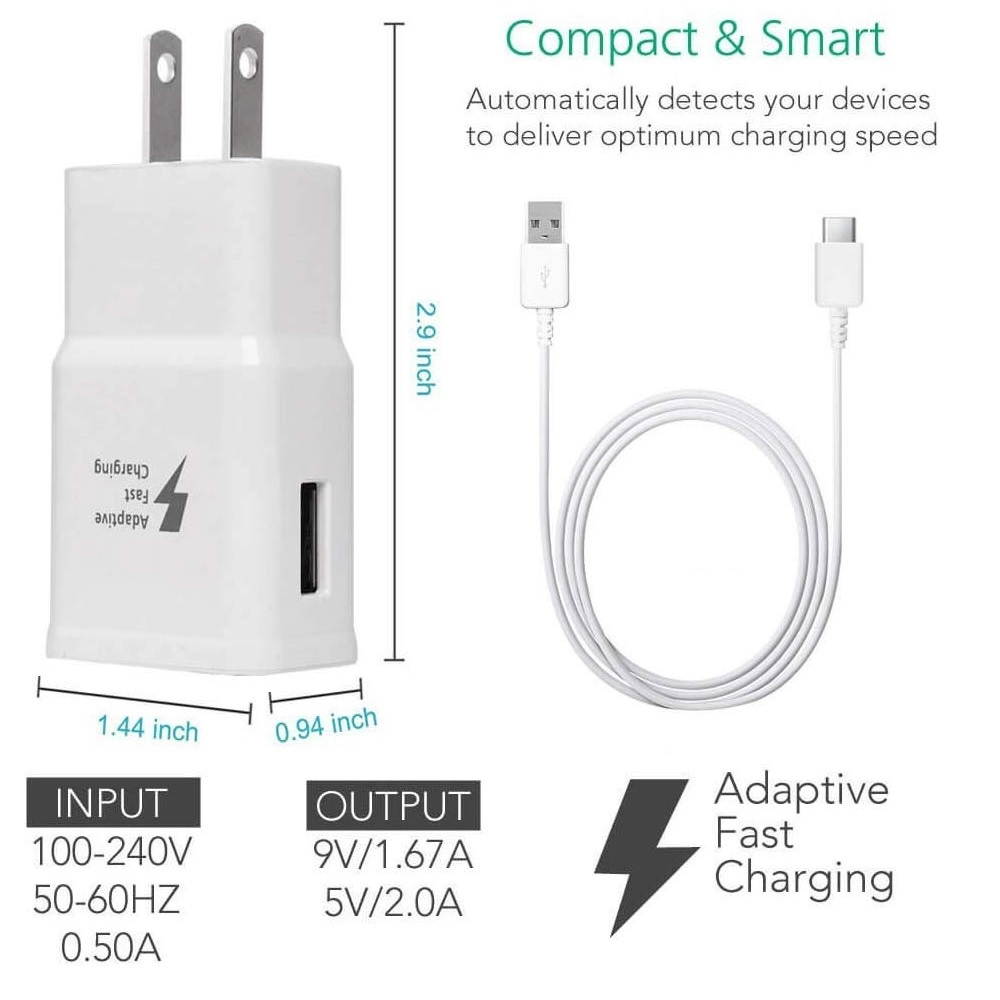 Wall Charger with USB-C High Speed Charge & Sync Cable for Samsung Galaxy S8/S9, LG G5/G6/Huawei-White 2 Pack