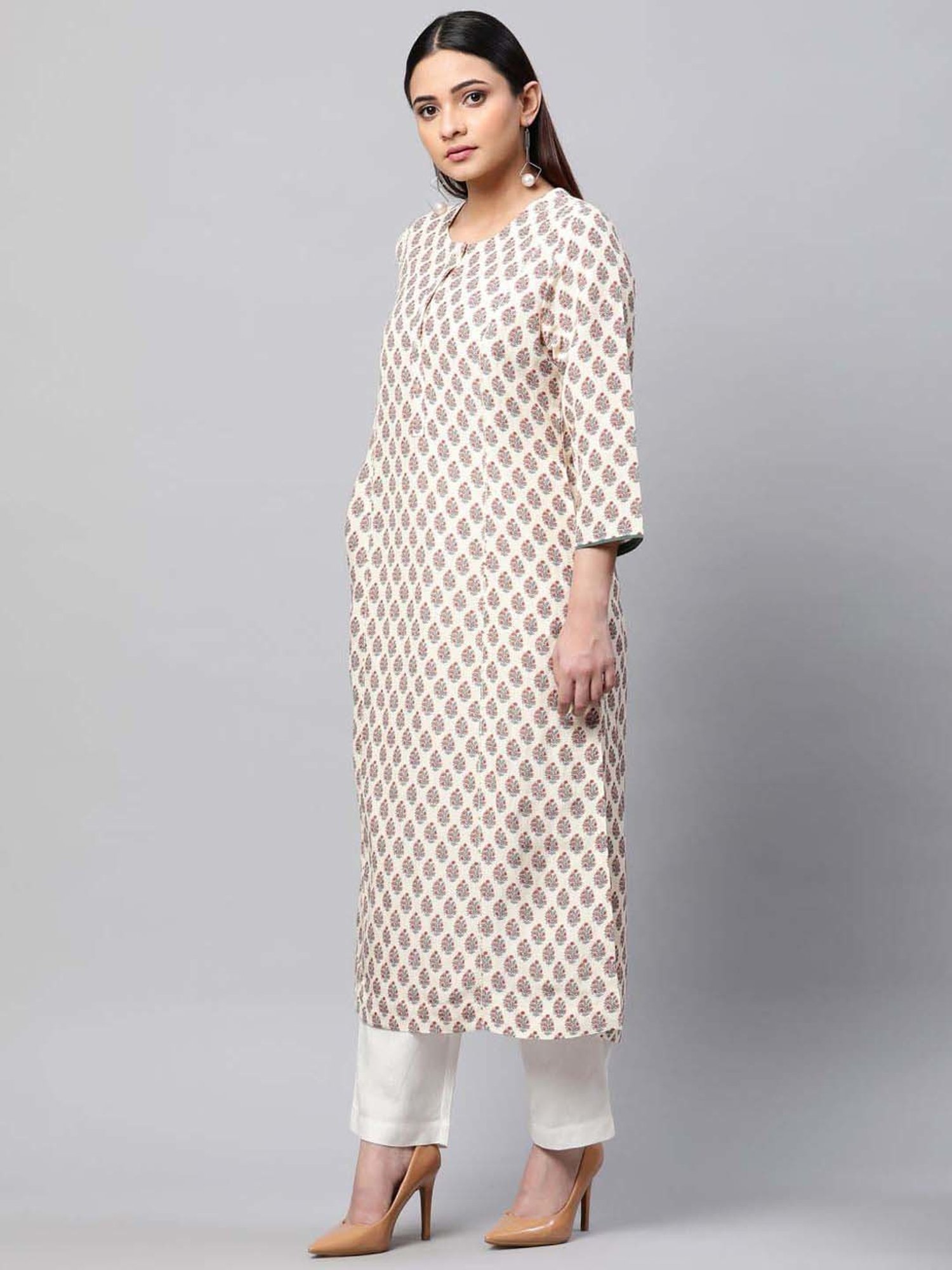 Linen Club Woman Beige Linen Floral Print Straight Kurta