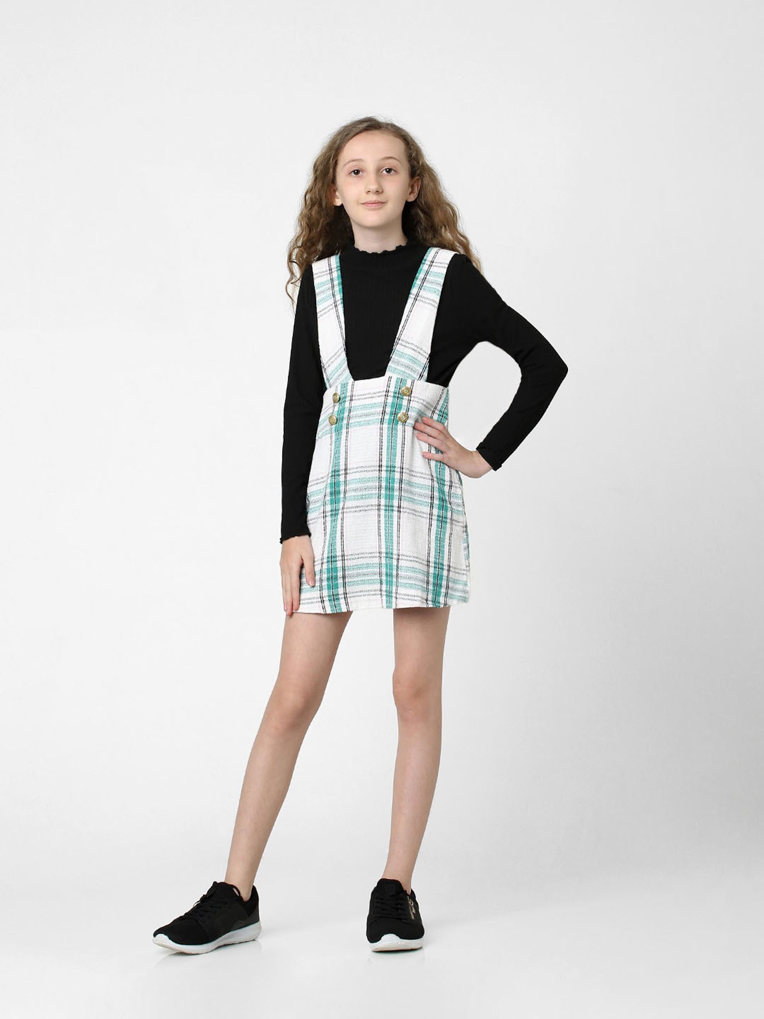 KIDS ONLY White & Black Checks Full Sleeves Dungaree Dress
