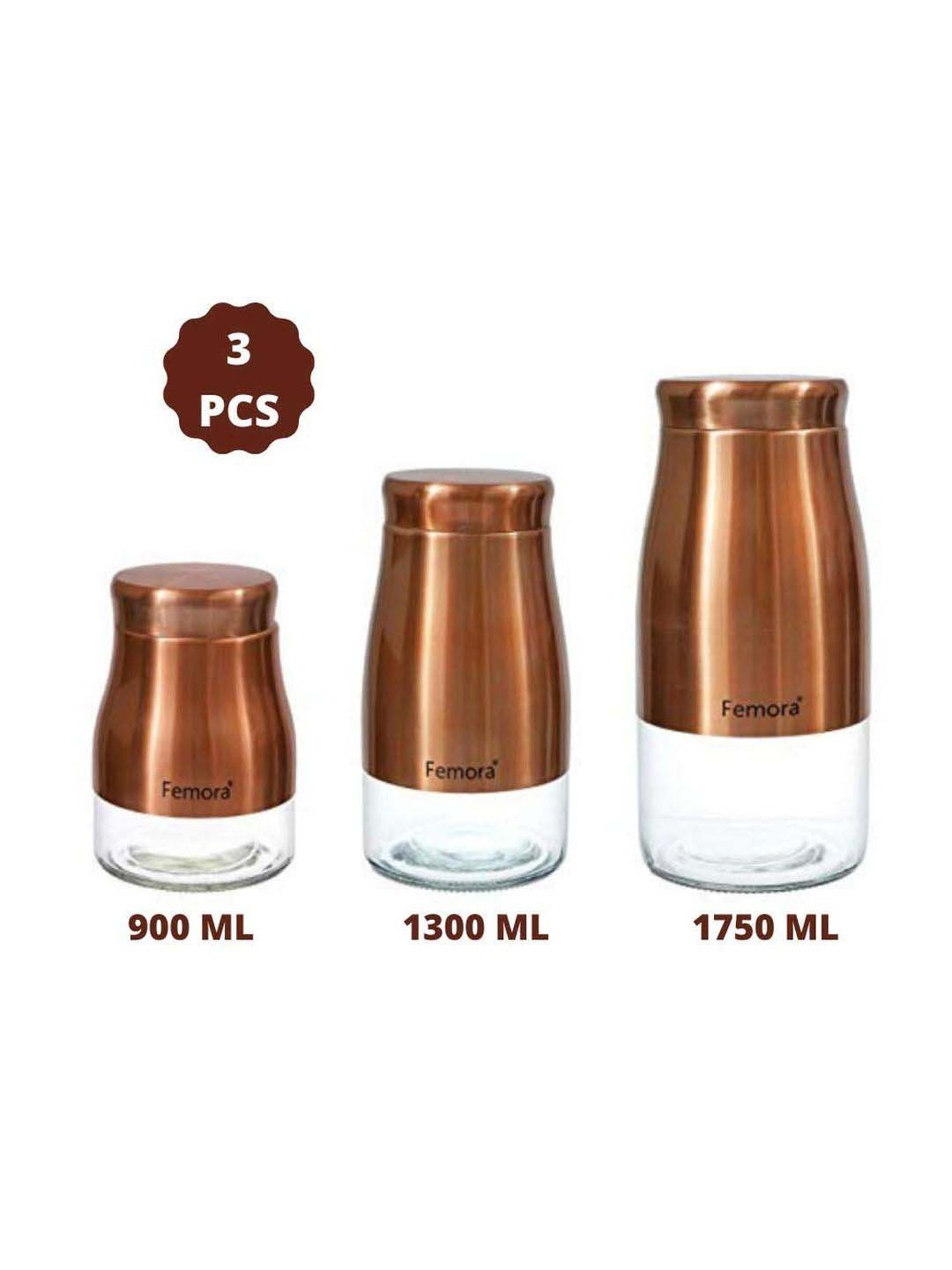 Femora Clear Glass & Steel Metallic Storage Jars (900 ml, 1300 ml & 1750 ml) - Set of 3