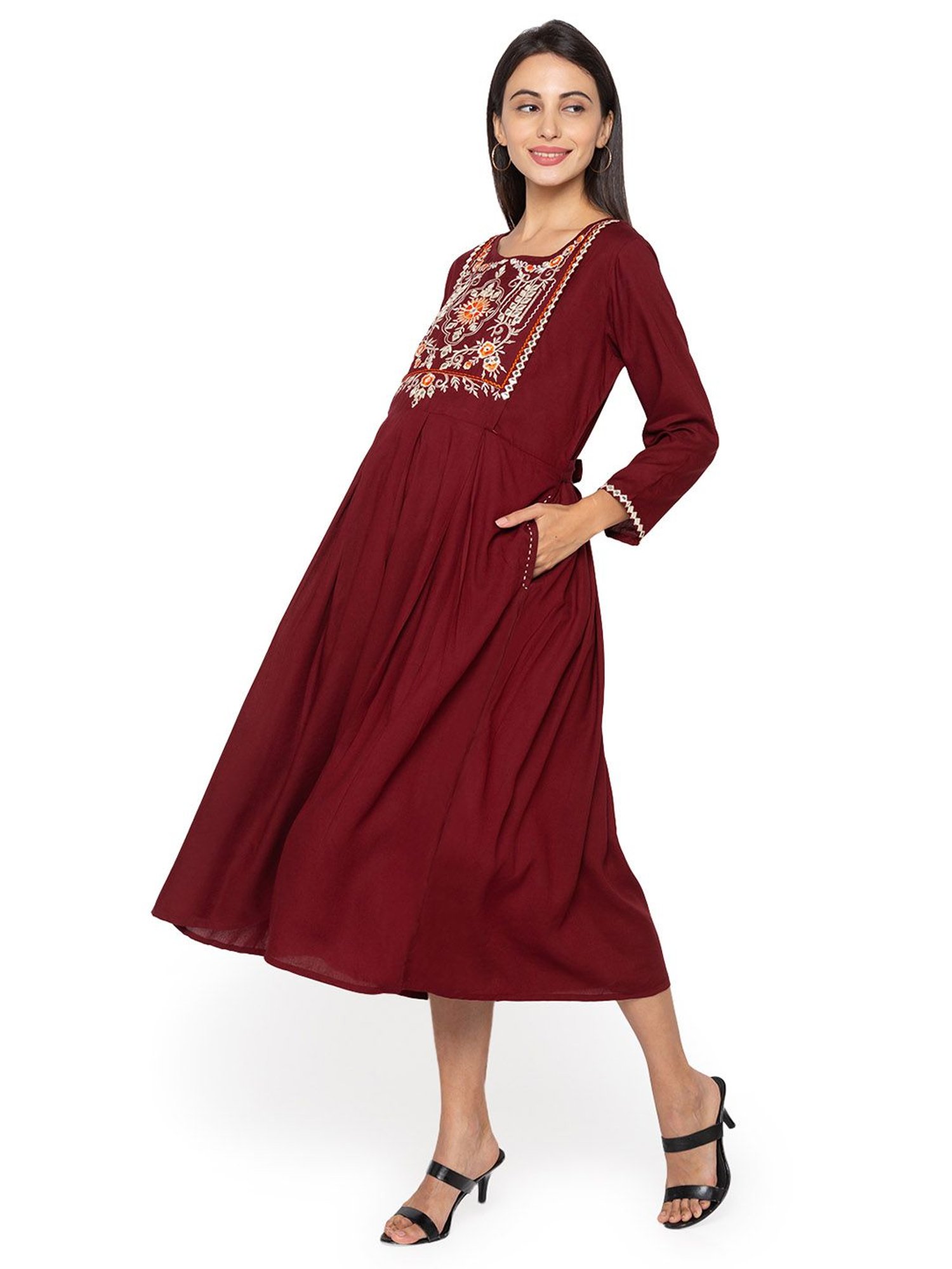 MomToBe Maroon Embroidered Maternity Dress