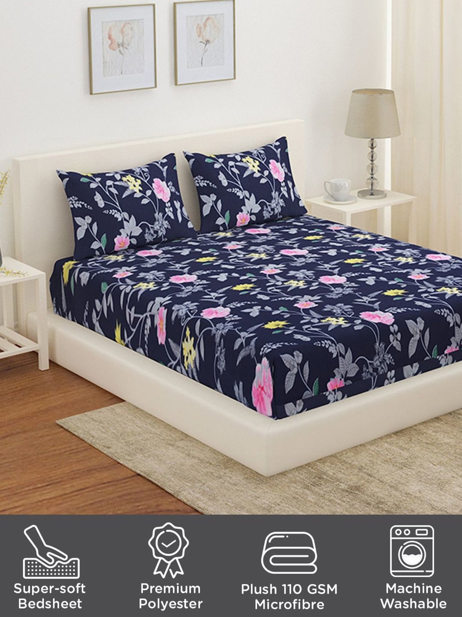 @home Utopia Foliage Floral Grey 110 GSM Cotton Blend Double Bed Sheet with 2 Pillow Covers