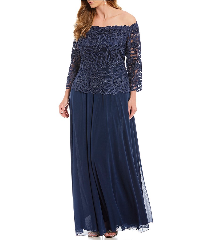 Soulmates Plus Size Off-the-Shoulder 3/4 Sleeve Beaded Bodice Lace Gown