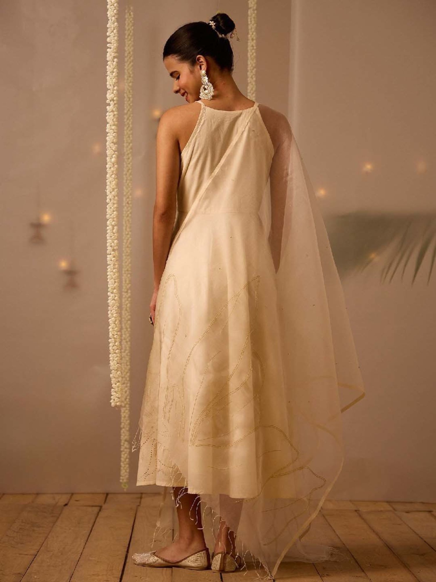 Okhai Off White Embellished Ethnic Dress With Dupatta