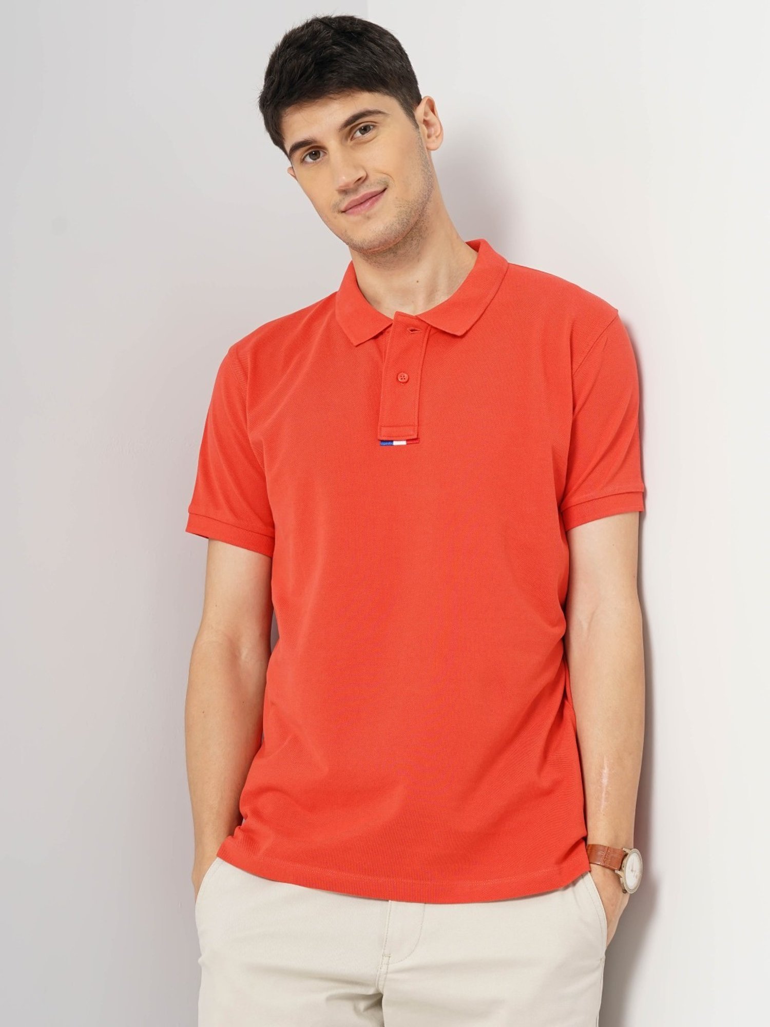 Celio Orange Cotton Regular Fit Polo T-Shirt