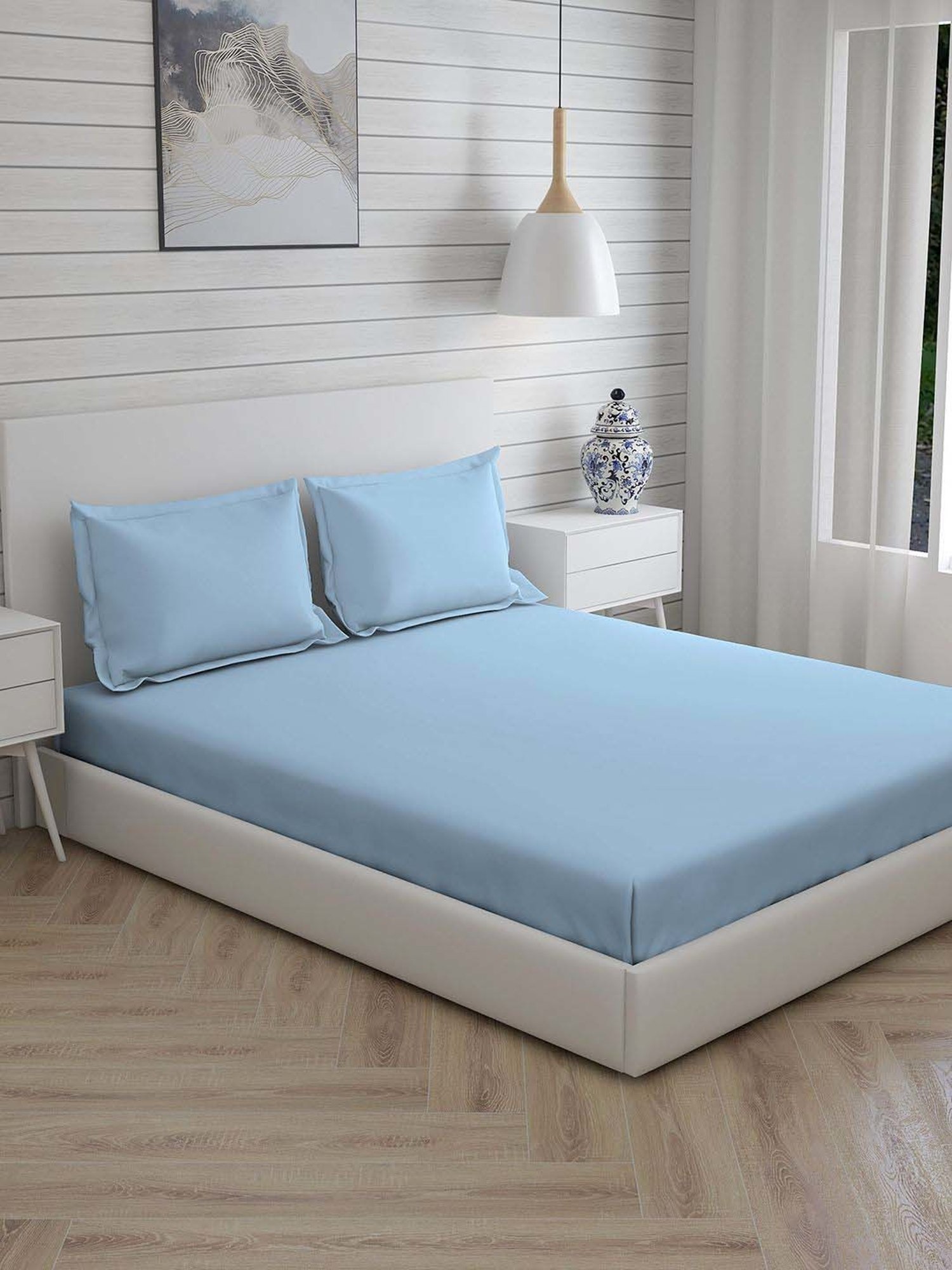 Boutique Living Kalpavriksha Blue Bamboo Cotton 300 TC King Size Bed Sheet with Pillow Cover