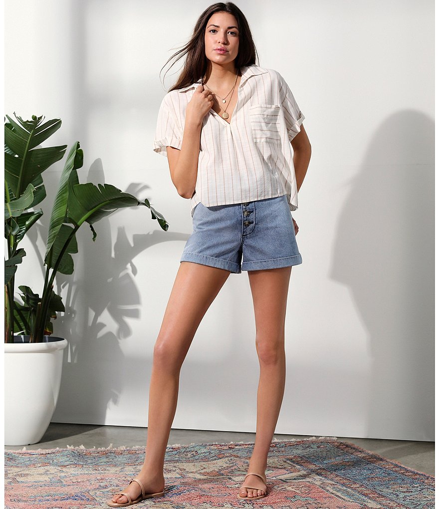 Every Stripe Pocket Cropped Button Front Top