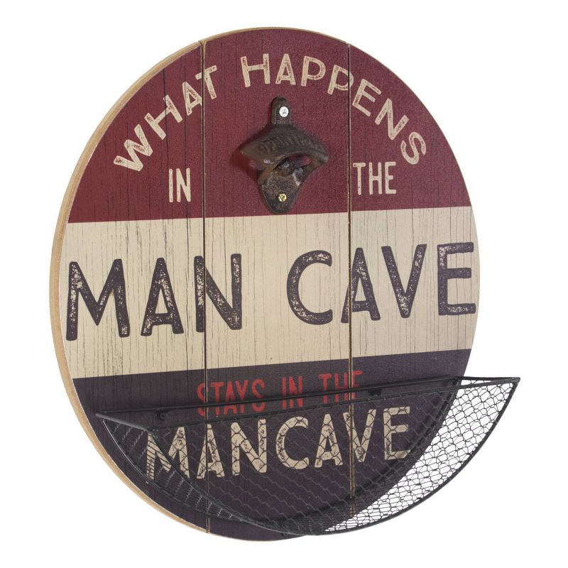 What Happens in The Man Cave Bottle Opener and Cap Catcher Red/Black/White - Crystal Art Gallery