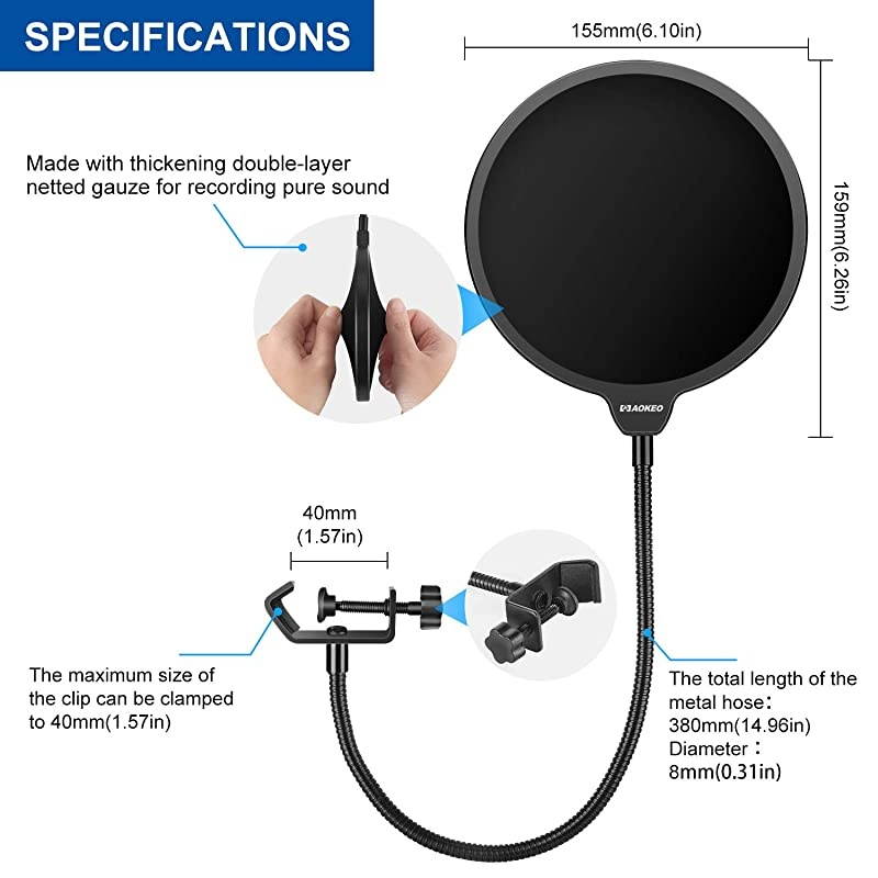 Professional Microphone Pop Filter Mask Shield For Blue Yeti and Any Other Microphone Dual Layered Wind Pop Screen With A Flexible 360&deg; Gooseneck Clip Stabilizing Arm