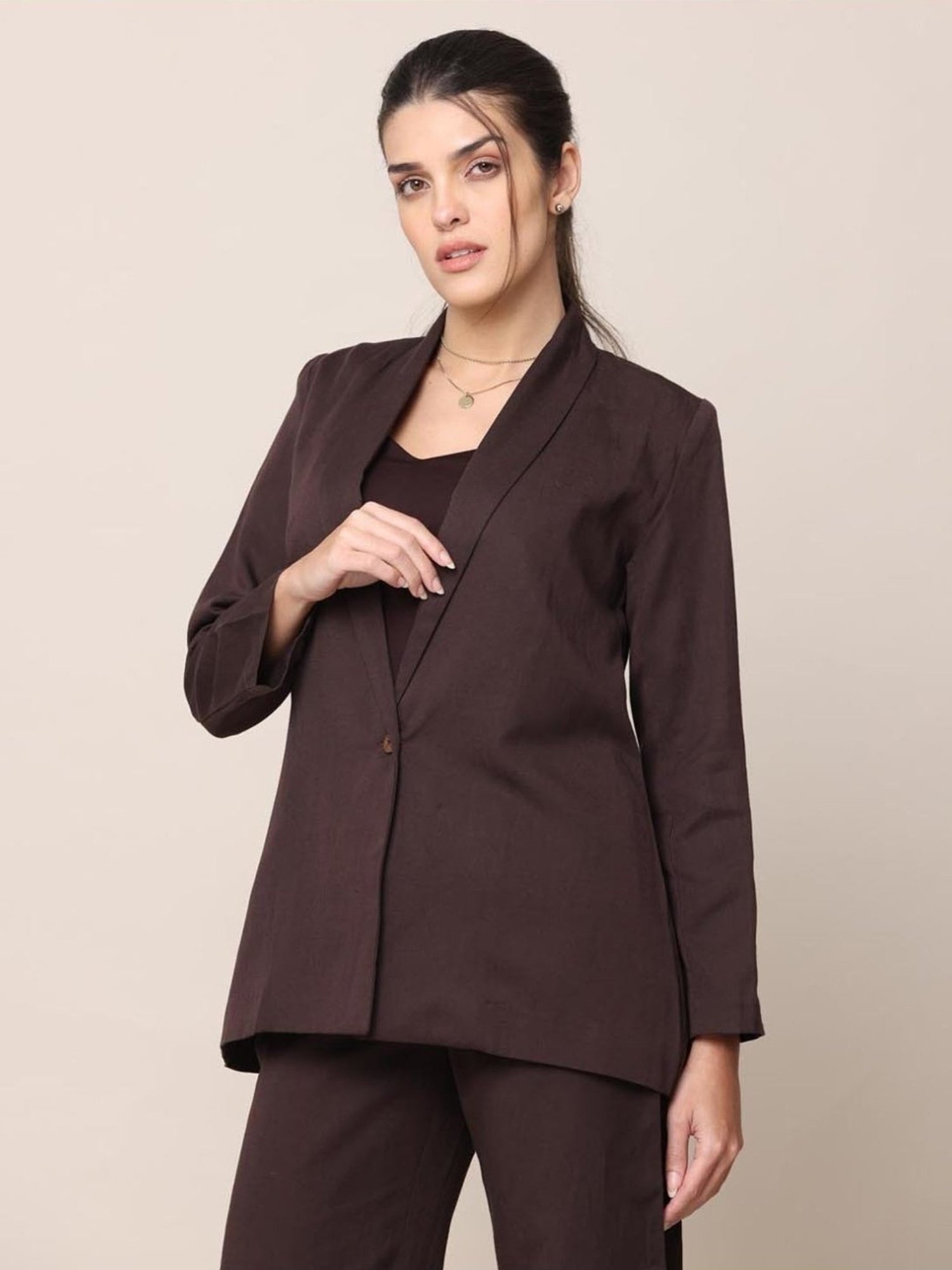 Saltpetre Classic Tencel All Season Coffee Blazer with Top & Trousers 3 piece Co-ord Set