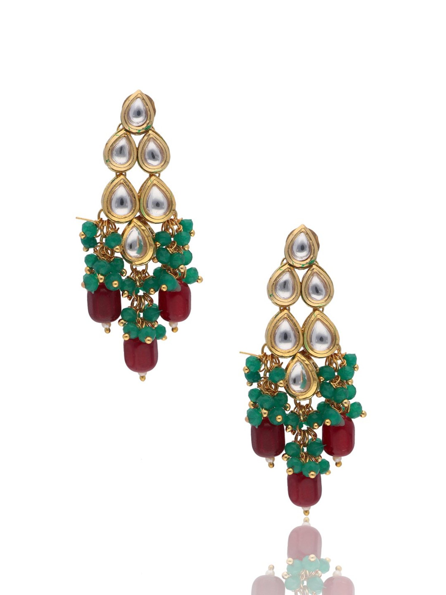 Curio Cottage Bridal Shades of Hues Kundan Green & Red Necklace & Earring Set for Women