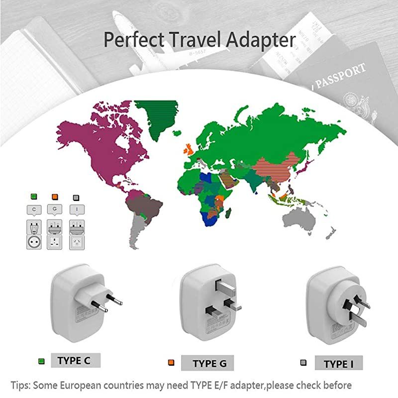 European UK Australia Travel Adapter 3Pack Kit,  International Power Plug 2 USB, Outlet Adaptor for US to Worldwide Europe Spain Iceland Italy Ireland England China, Type C Type G Type I