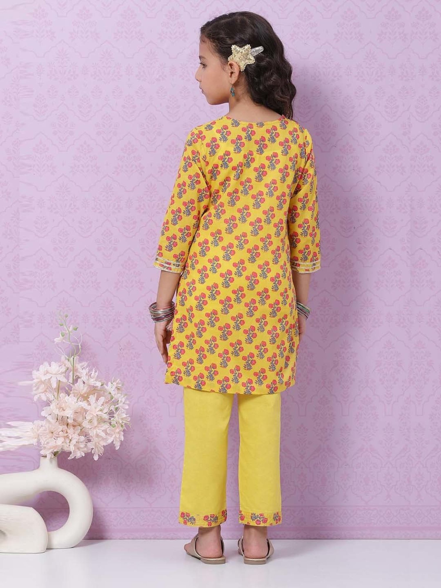 Biba Kids Yellow & Pink Cotton Floral Print Kurta Set