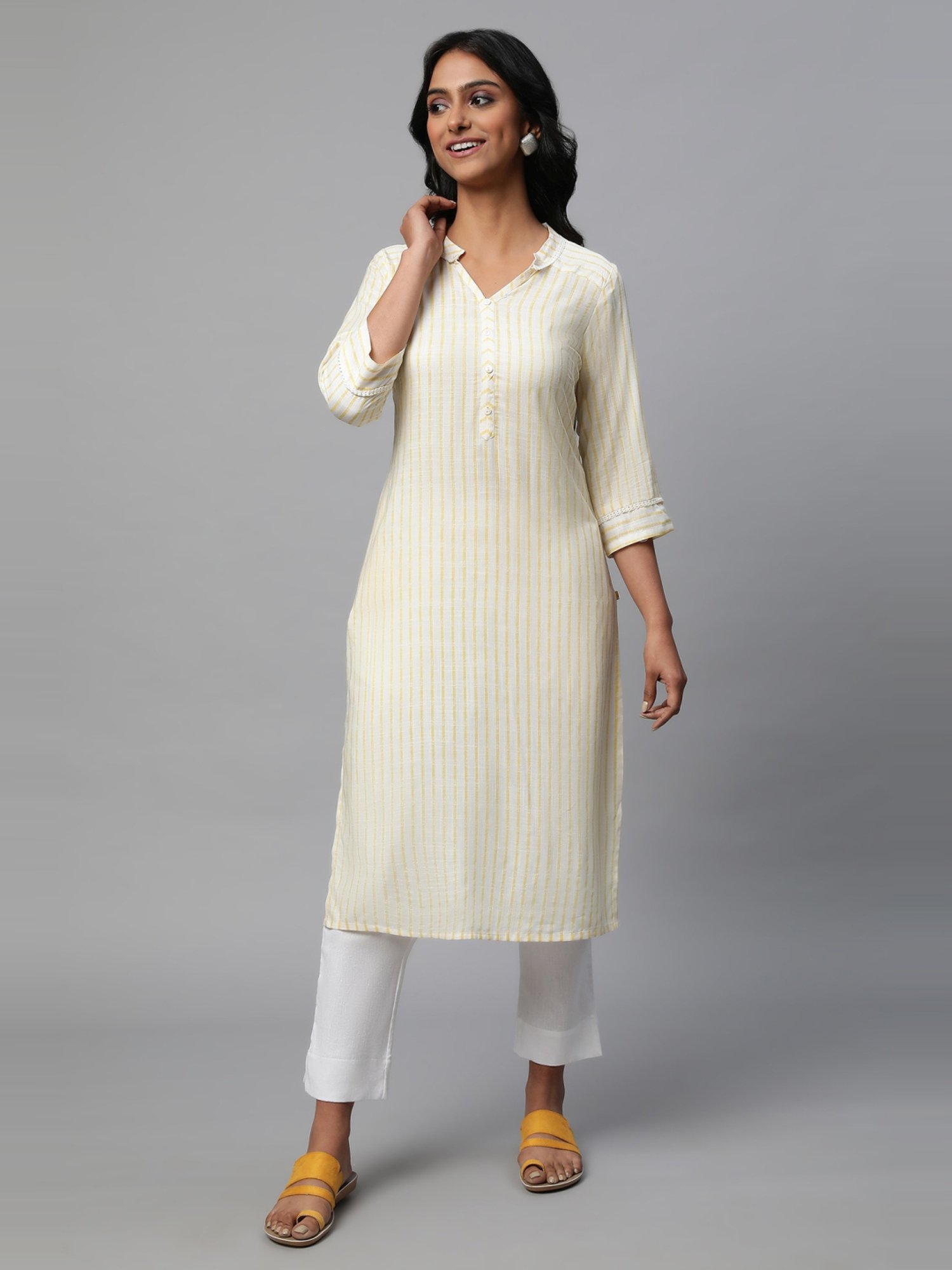 Aurelia Yellow & White Printed Kurta Pant Set