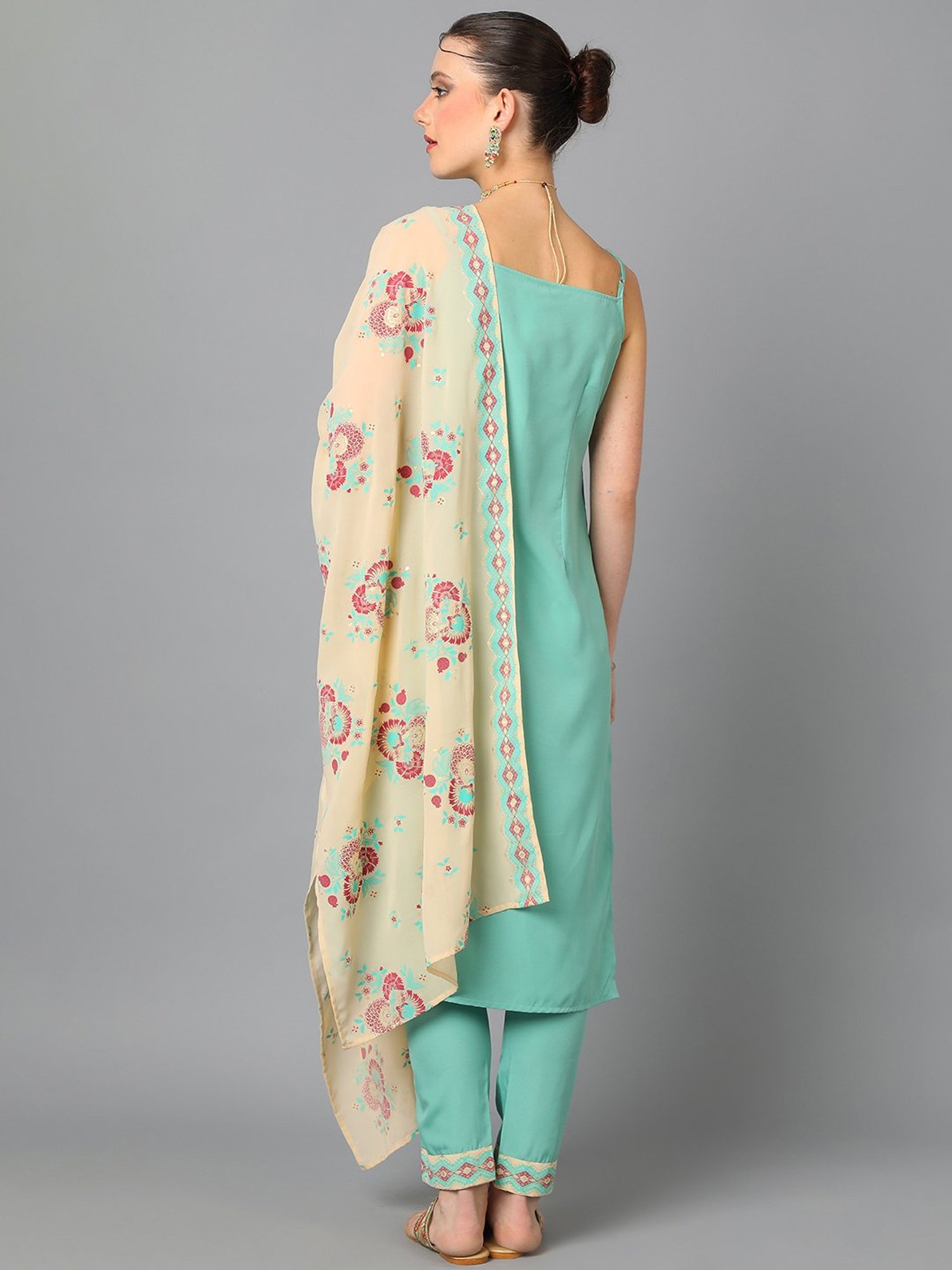 Ziyaa Aqua Green Printed Kurta With Pant & Dupatta