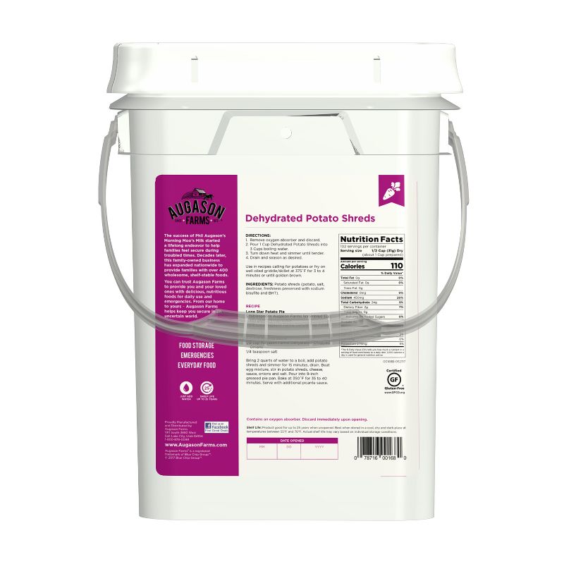 Augason Farms Dehydrated Potato Shreds Certified Gluten Free Emergency Bulk Food Storage 4-Gallon Pail 102 Servings