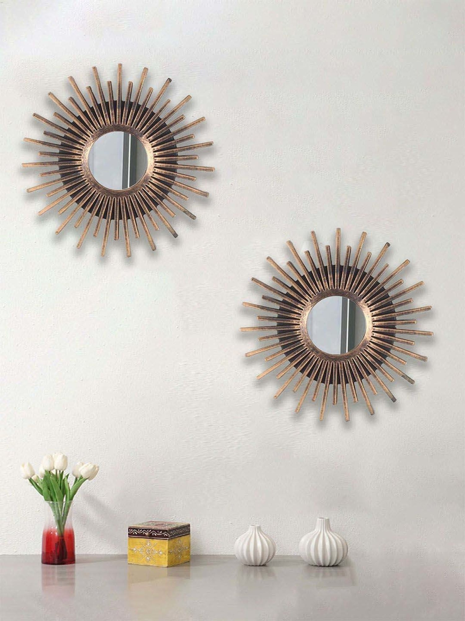 Art Street Brown Plastic Sun Streek Decorative Wall Mirror - Set of 2