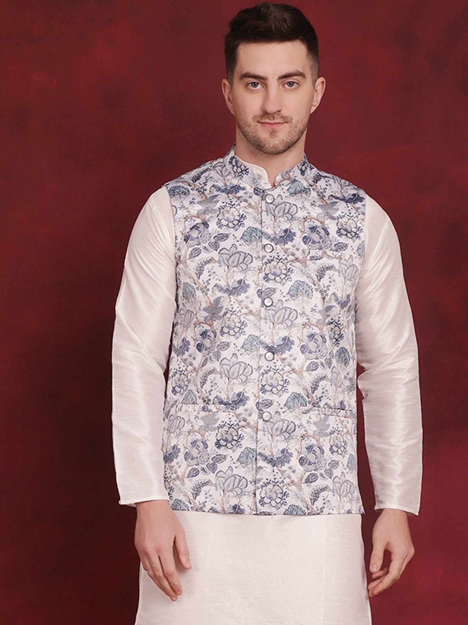 Jompers White Regular Fit Printed Nehru Jacket