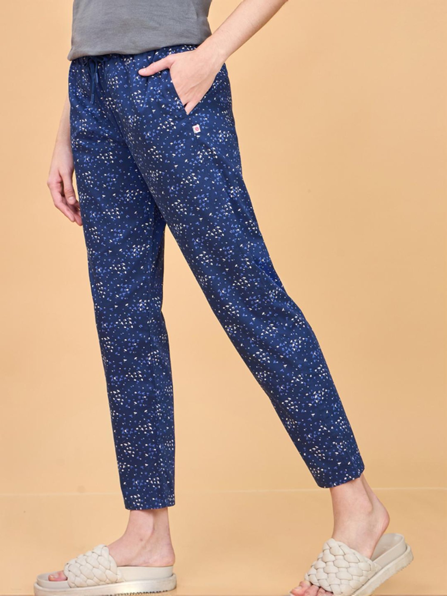 Enamor Medieval Blue Cotton Floral Print Lounge Track Pants