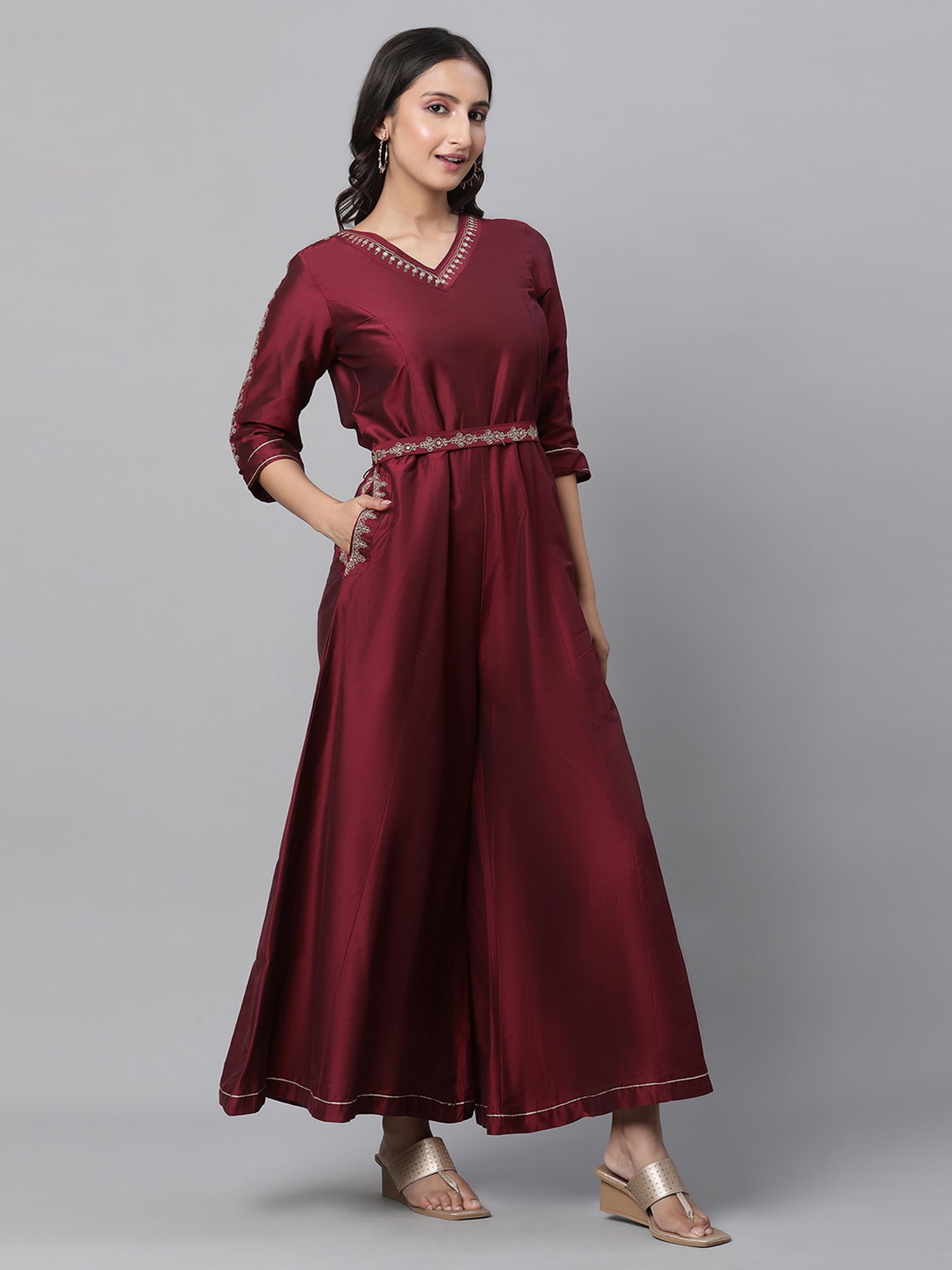 Aurelia Maroon Embroidered Jumpsuit
