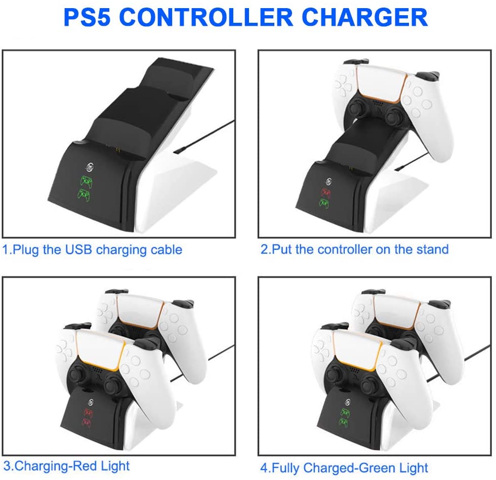 PS5 Controller Charger Station, PS5 Dualsense Controller Charging Station, 5V/2.8A 1.5-2.5 Hours Fast Charging Dual Dock for Playstation 5 Gampad, with LED Indicators & AC Adapter