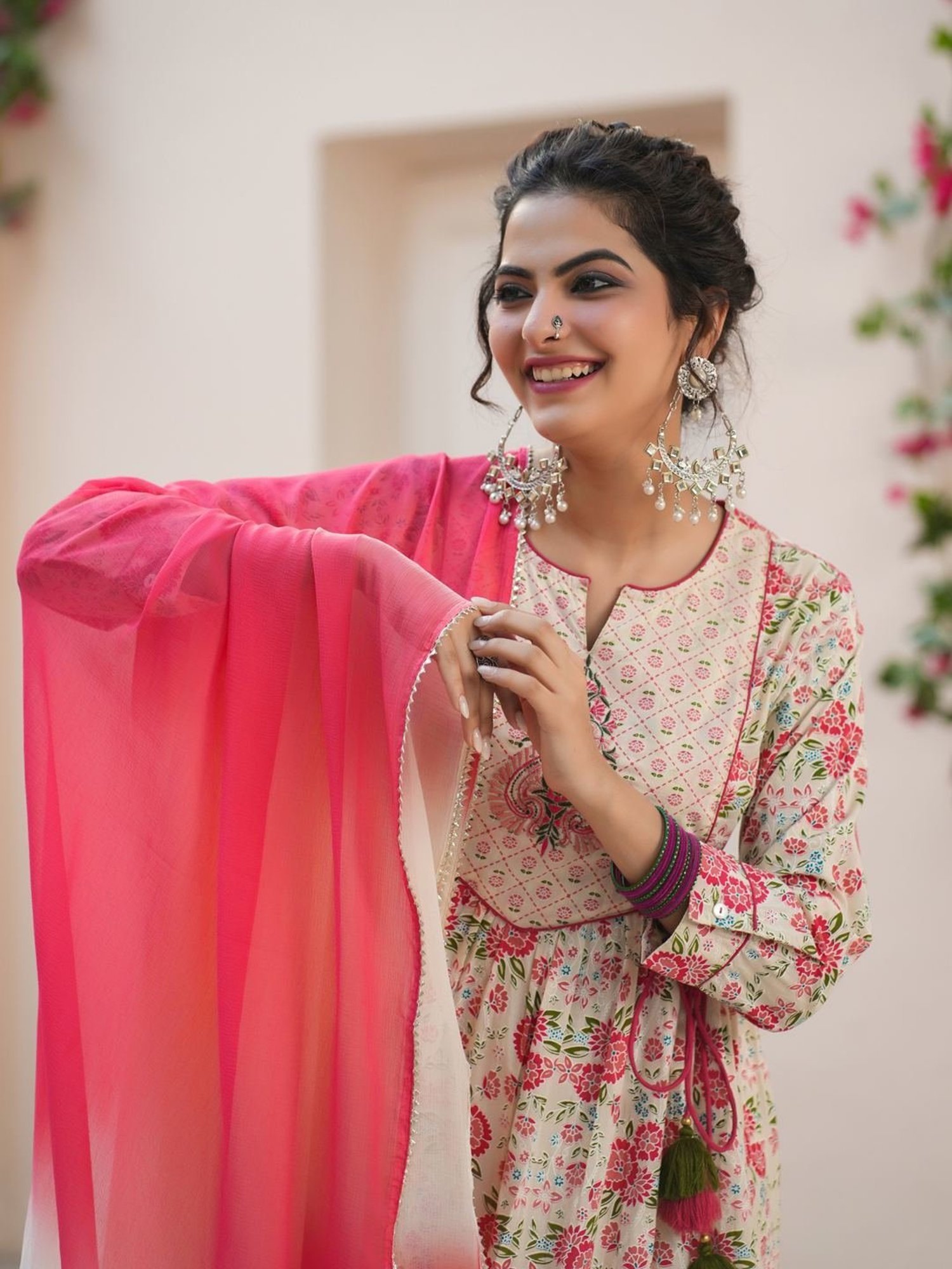 Rain and Rainbow Cream Cotton Embroidered Kurta & Salwar Set With Dupatta