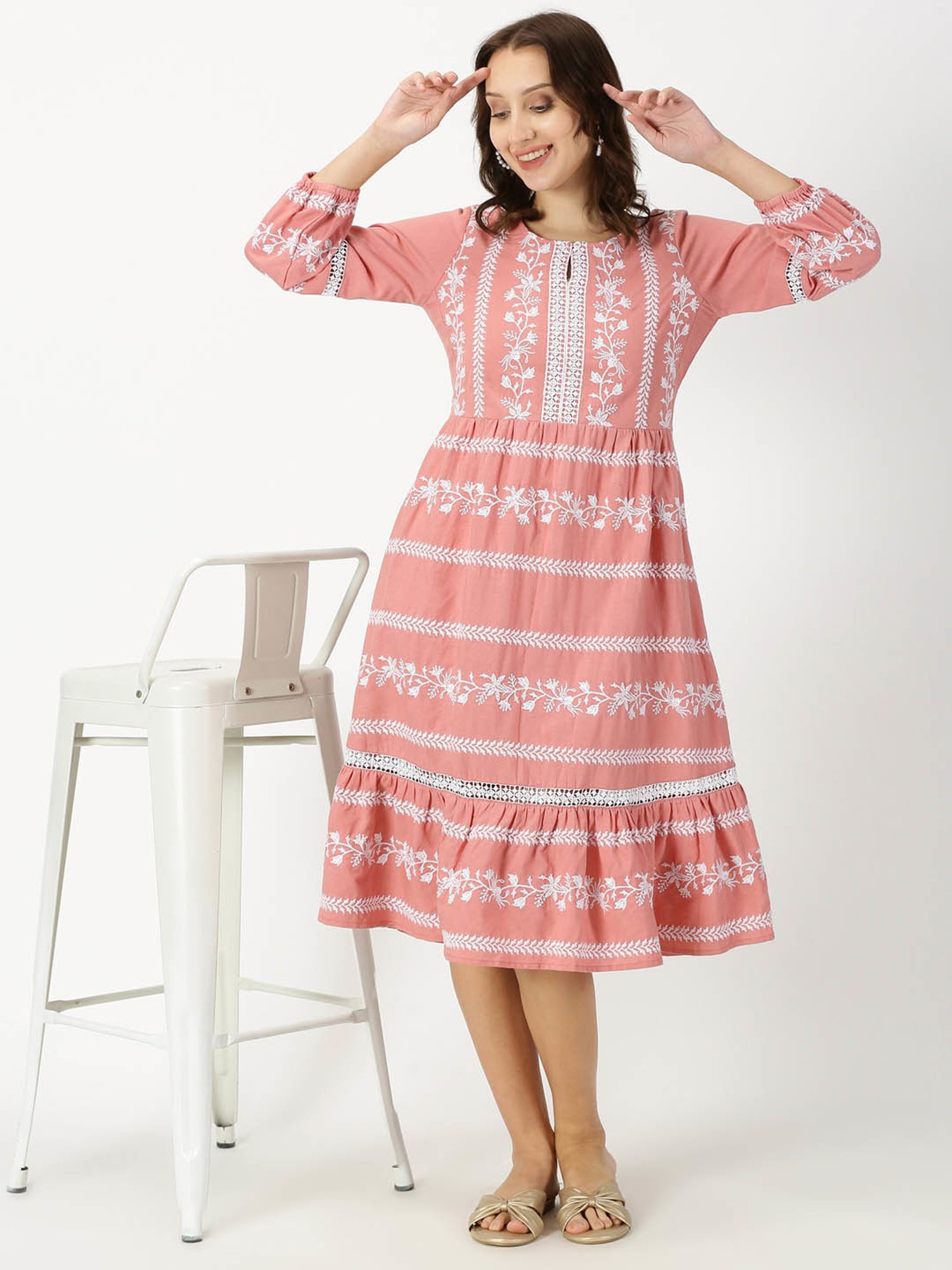 Saffron Threads Peach Cotton Embroidered Ethnic Dress