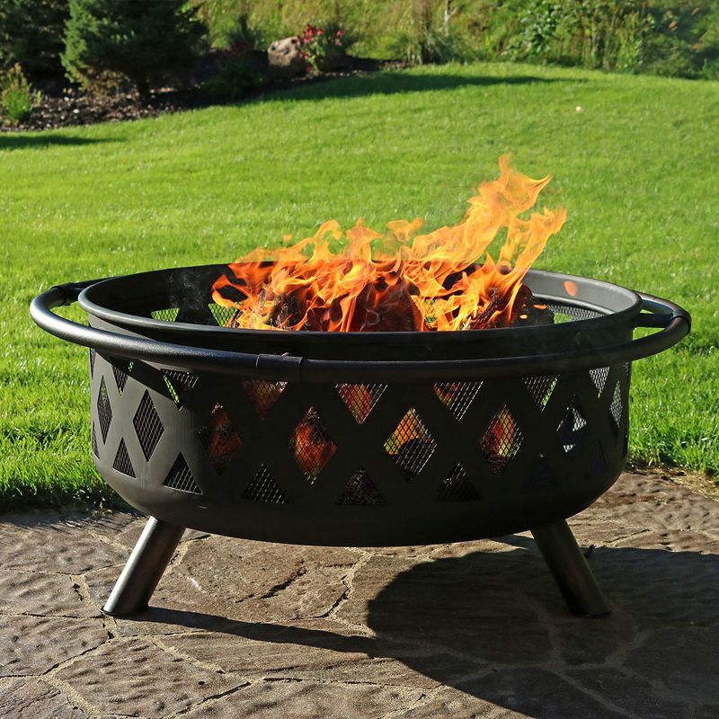 Sunnydaze Outdoor Camping or Backyard Round Crossweave Cut Out Fire Pit with Spark Screen, Log Poker, and Cover - 36"