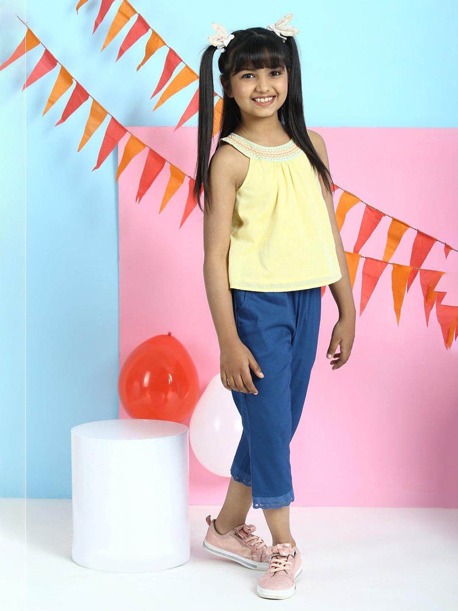 BIBA Girls Yellow Embroidered Top