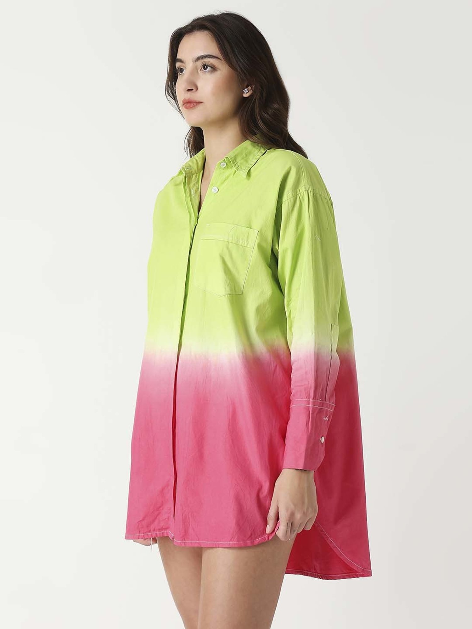 Remanika Green & Pink Cotton Color-Block Shirt