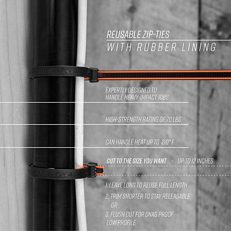 Releasable ReUsable Zip Ties Industrial Grade Extra Grip Rubber Lined Durable 12 Inches Long 40 Orange