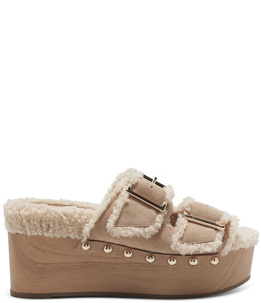Jessica Simpson Cyriss Suede Faux Shearling Studded Buckle Wedges