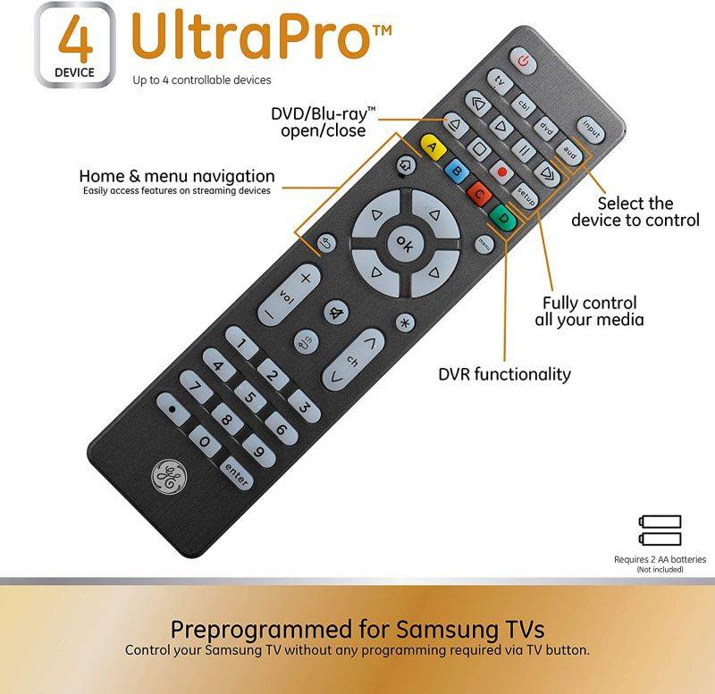 GE Backlit Universal Remote Control for Samsung, Vizio, LG, Sony, Sharp, Roku, Apple TV, TCL, Panasonic, Smart TV, Streaming Players, Blu-Ray, DVD, Simple Setup, 4-Device, Graphite, 48848