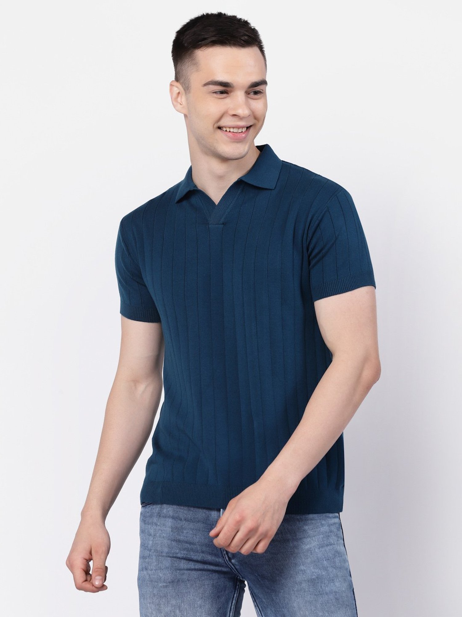 Kalt Teal Regular Fit Striped Polo T-Shirt