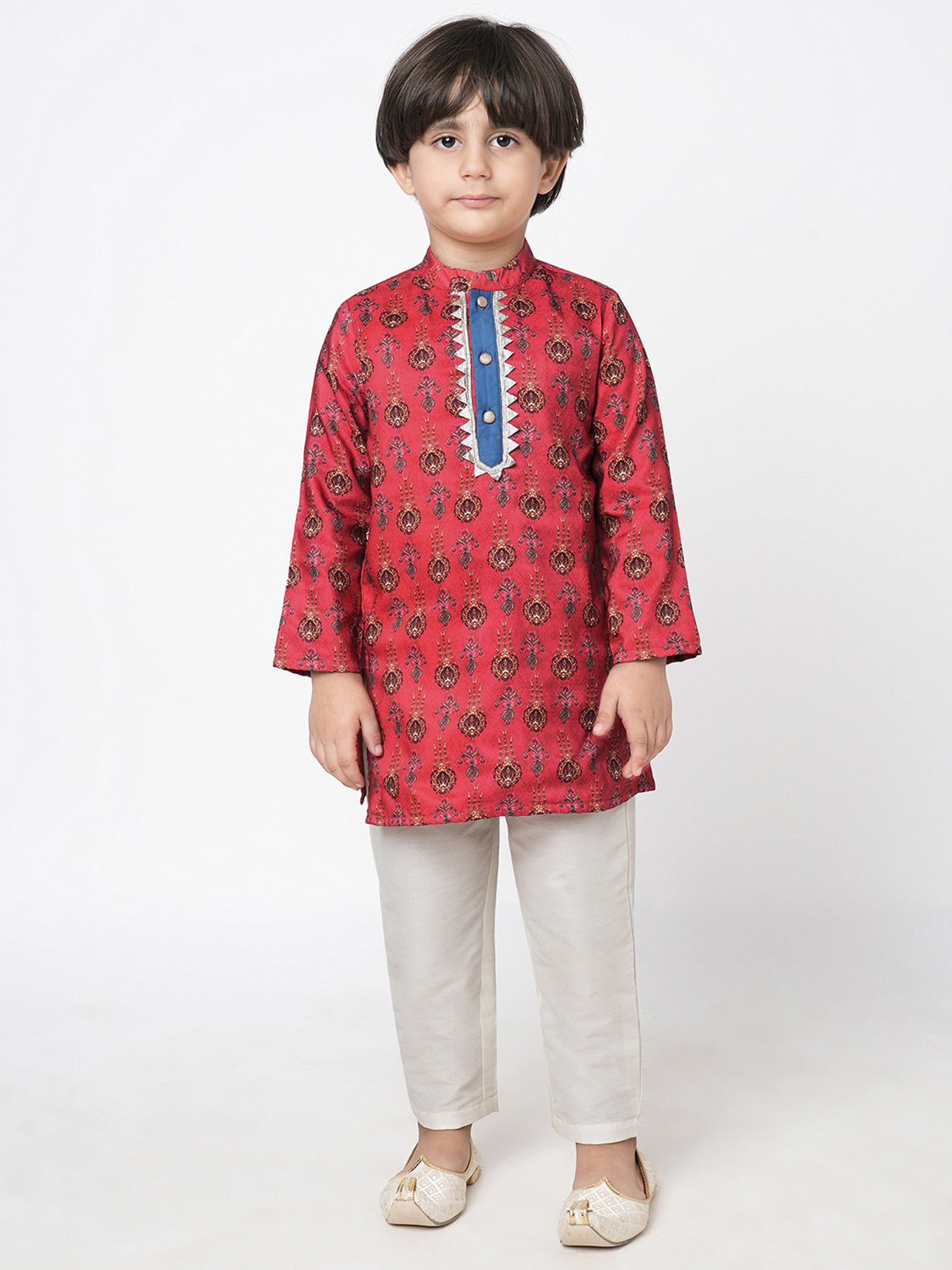 Lil Drama Kids Red & White Printed Full Sleeves Kurta with Pants