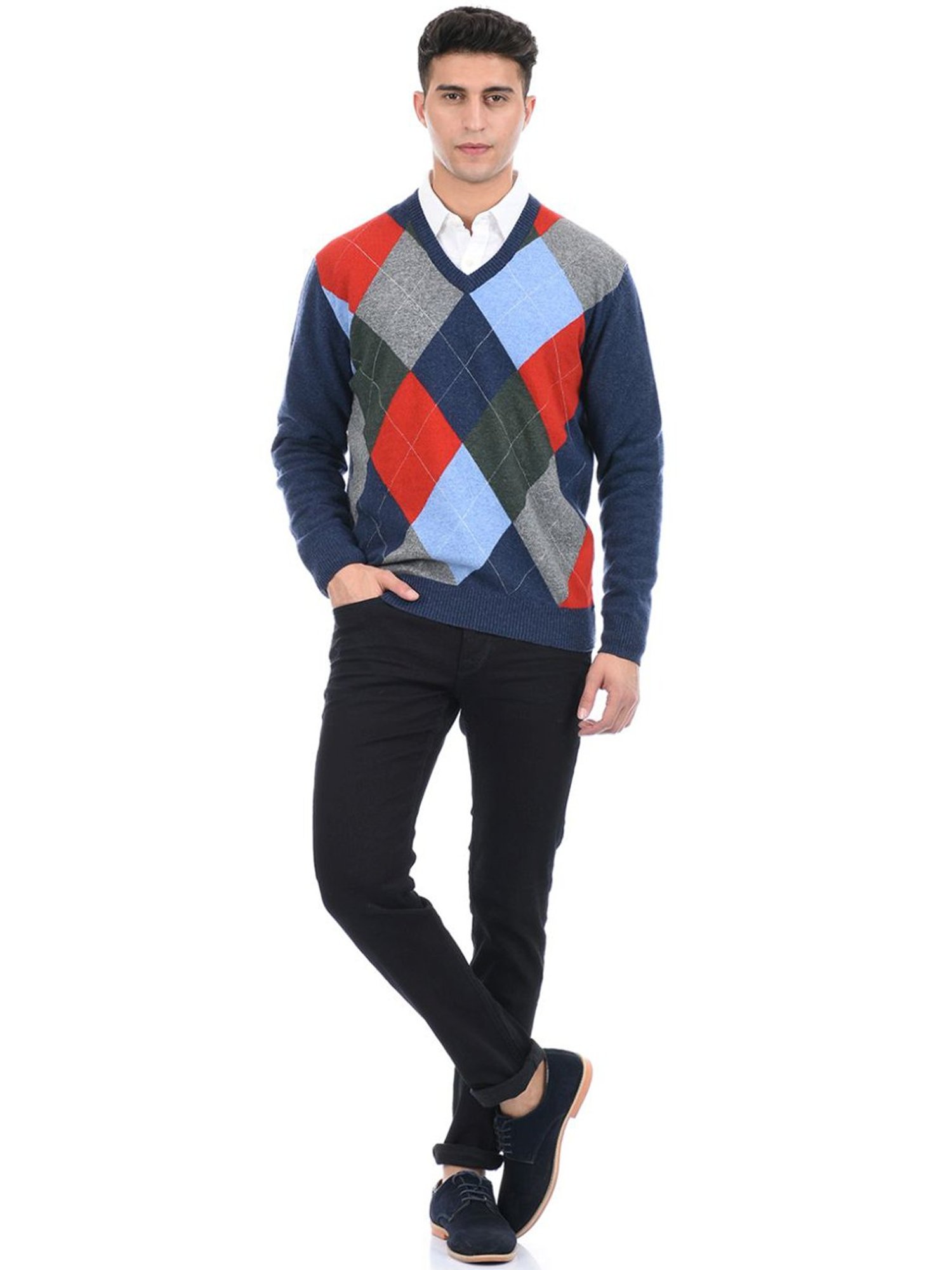 London Fog Blue Regular Fit Self Pattern Sweater