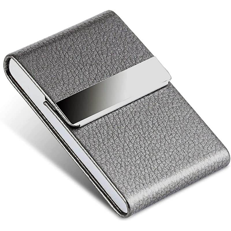 Leather Business Card Case Slim Business Card Holder Professional Name Card Holder with Magnetic Shut Grey