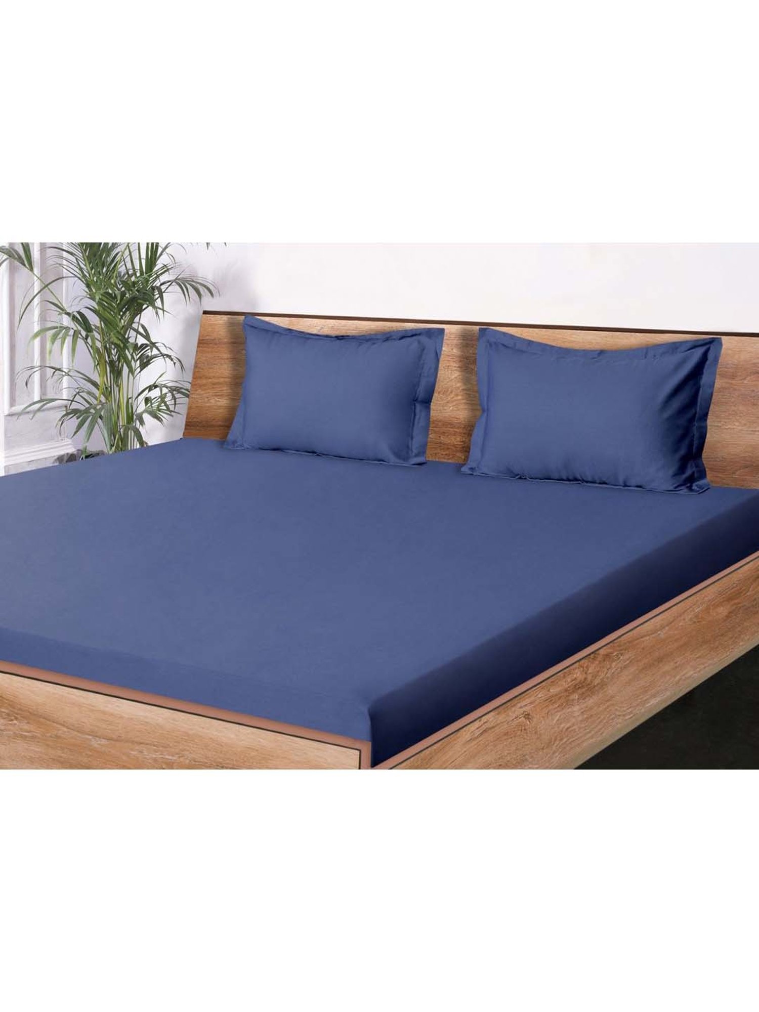 Mark Home Classic Navy Cotton 210 TC King Bedsheet with 2 Pillow Covers