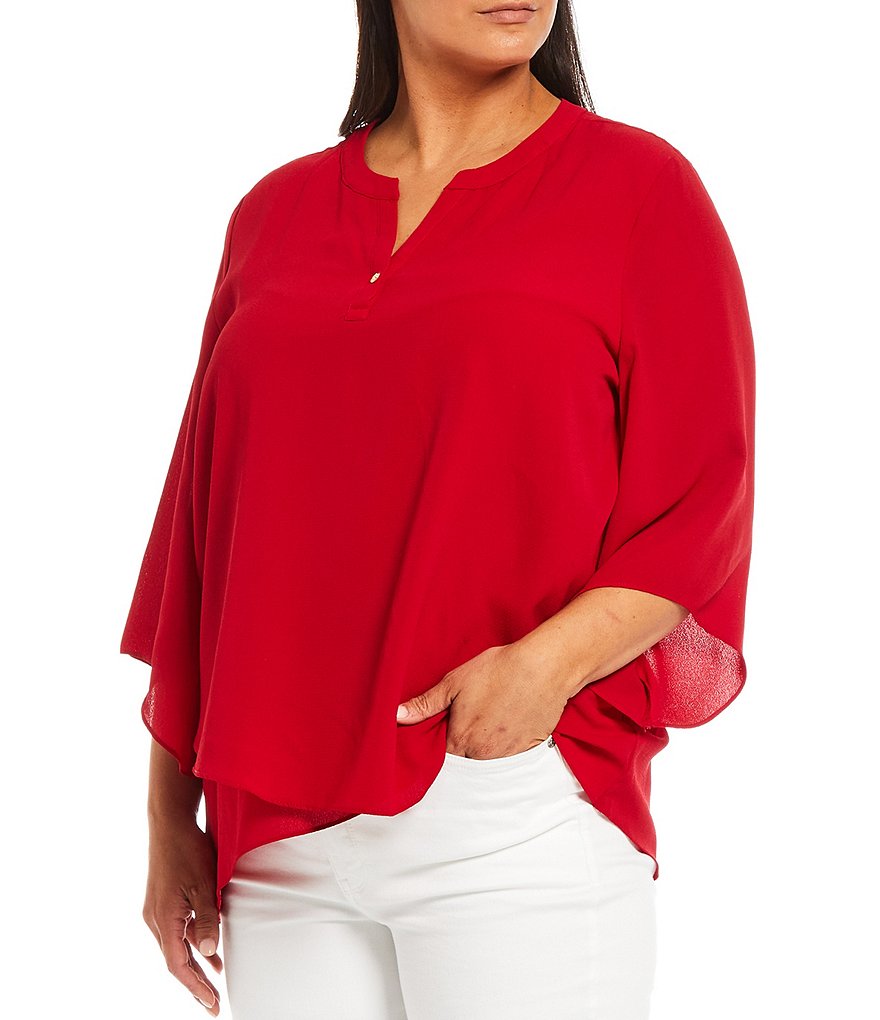Calessa Plus Size 3/4 Flute Sleeve Split Round Neck Crossover Hem Pebble Crepe Tunic