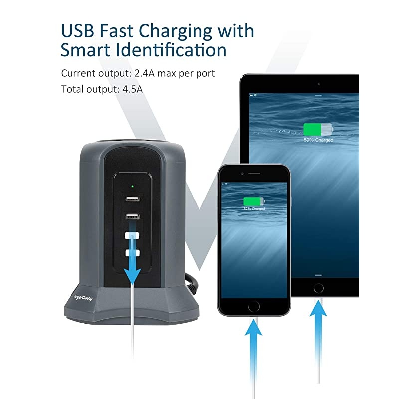 Surge Protector Power Strip Tower 10ft Extension Cord 4 USB Port 9 Outlet Desktop Charging Station 1080J Adjustable Voltage 110240V Multiple Plug Fire Proof or PC Laptop Phone Office