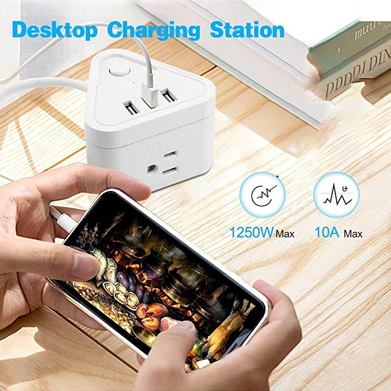 Power Strip with 3 USB Ports, 3 Outlet Portable Plug Strip with 5.5 Feet Extension Cord, Cruise Travel, Desktop Multi-Plug Outlet, Child Protectors Compact Socket, White