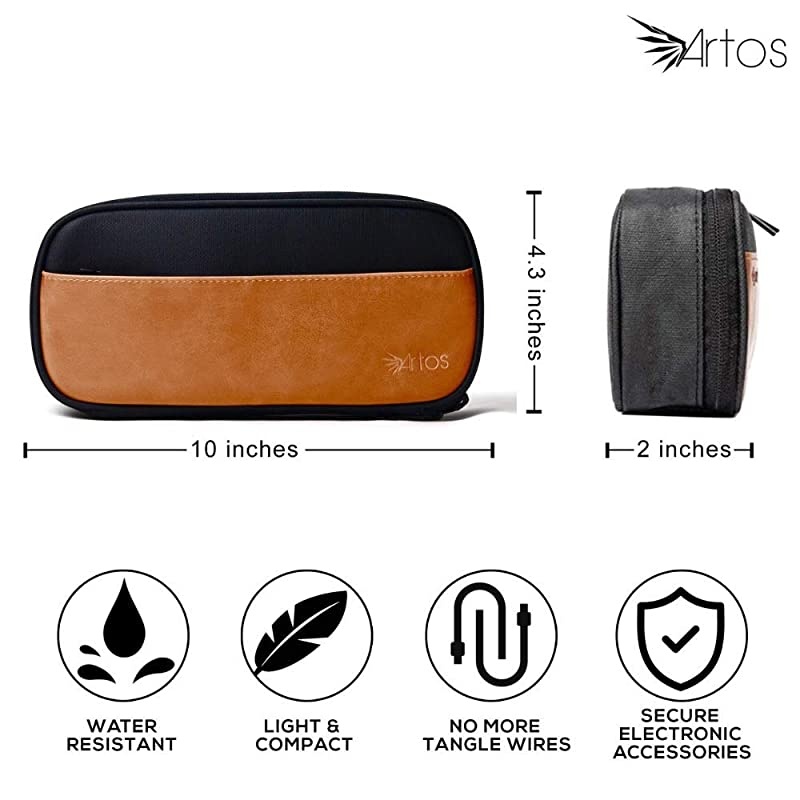 Leather Canvas Electronics Organizer Case Accessories Bag W 3 Leather Cable Straps | Tech Gadget Zipper Pouch| for Cord Phone Tablet Laptop Chargers Power Bank