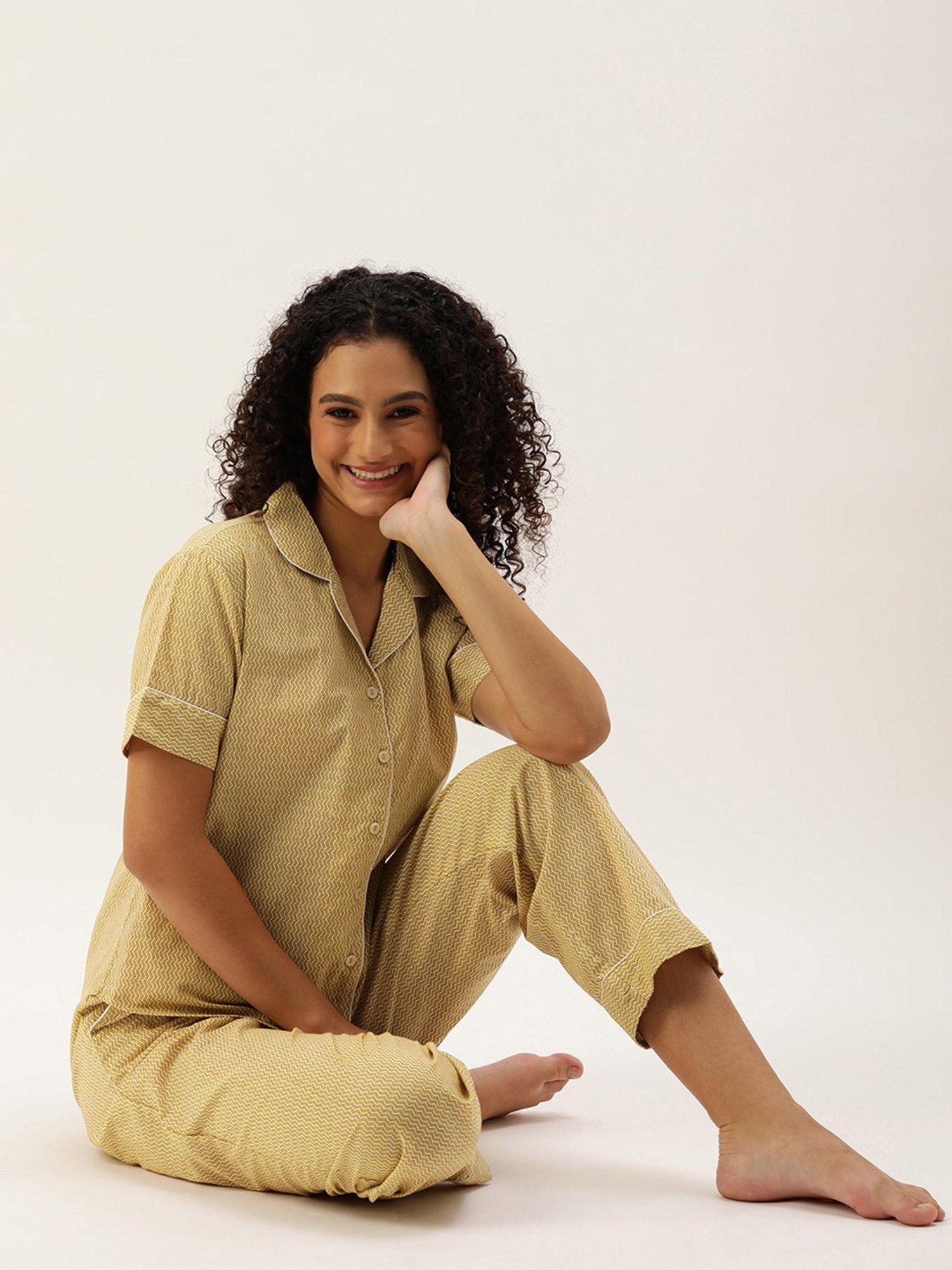 Amukti Beige Printed Shirt With Lounge Pants